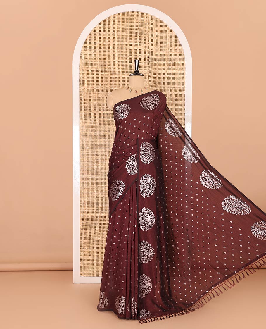 Coffee brown plus buttas woven Vichitra silk saree, kalpavriksha tree motifs woven on its border, self-pallu, and no blouse