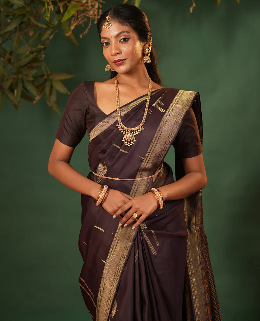 Coffee brown thazampoo rekku, and vel buttas Vasundhara silk saree, zari border of manga, muthu, kathir, neli, and vanki designs, and jaal pallu - Image 2