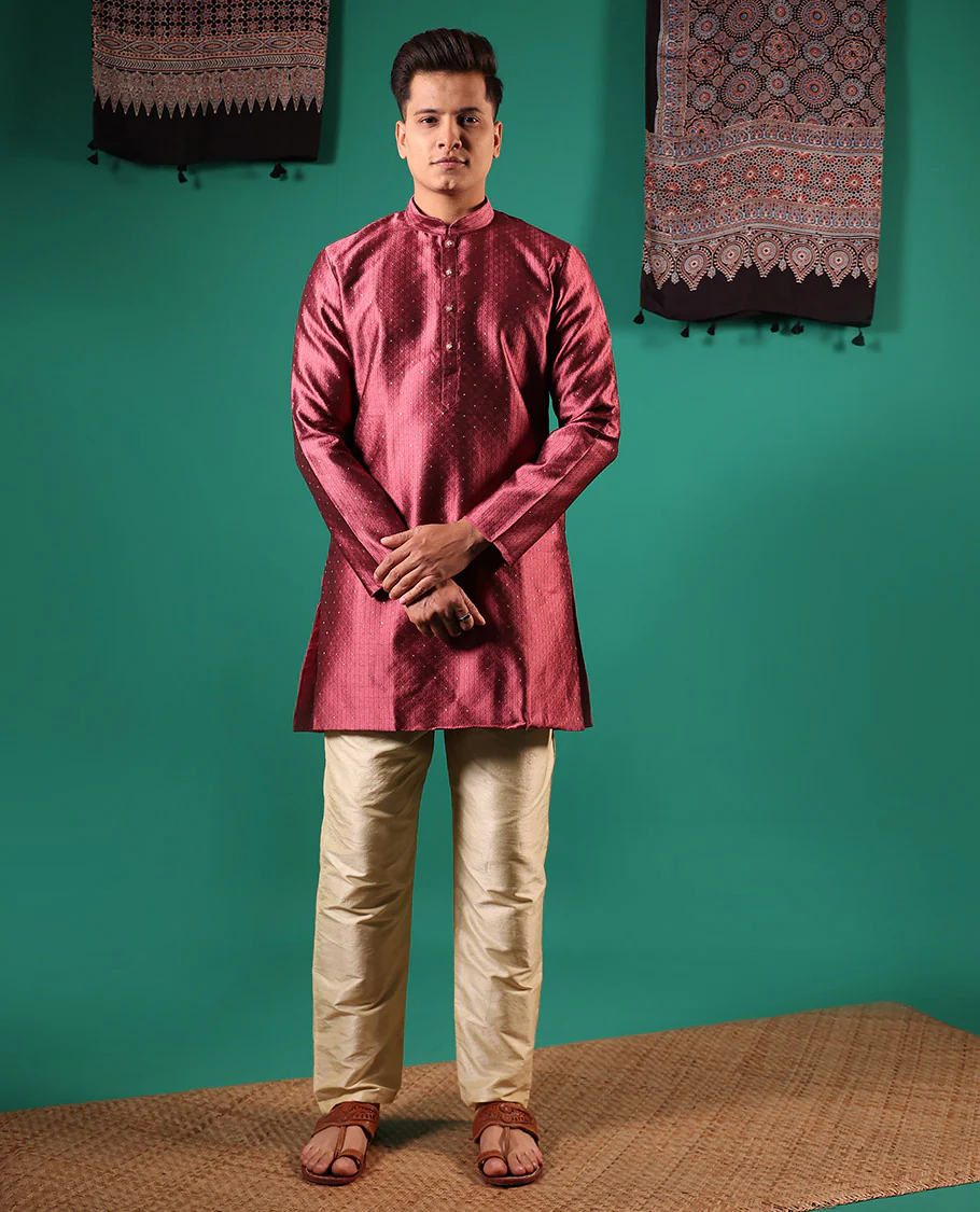 Cooper color unique patterns embossed with glitter dotted full-sleeved men's kurta - Image 2