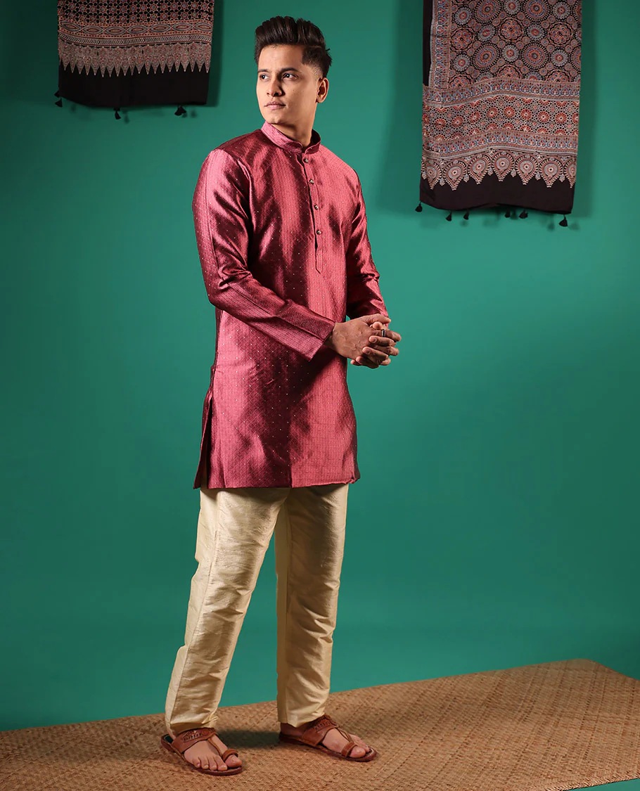 Cooper color unique patterns embossed with glitter dotted full-sleeved men's kurta - Image 3