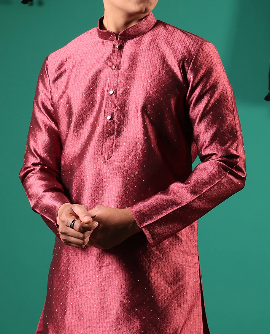 Cooper color unique patterns embossed with glitter dotted full-sleeved men's kurta - Image 4
