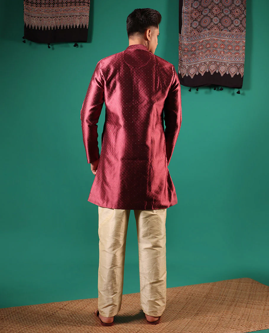 Cooper color unique patterns embossed with glitter dotted full-sleeved men's kurta - Image 5