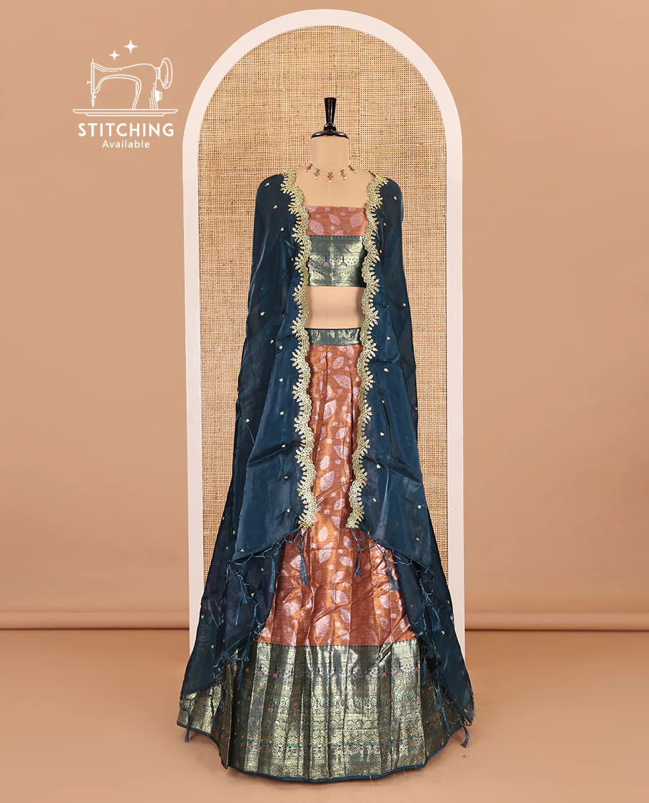 Copper and peacock color half-saree, leaf jacquard with contrast traditional bordered banarasi tissue skirt, a matching blouse, and a contrast scallop embroidered fendi organza dhavani - Image 2