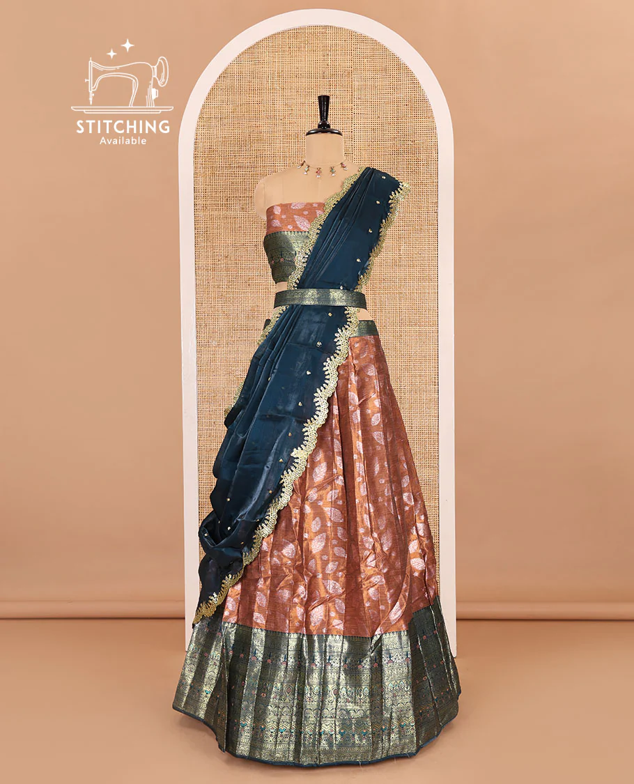 Copper and peacock color half-saree, leaf jacquard with contrast traditional bordered banarasi tissue skirt, a matching blouse, and a contrast scallop embroidered fendi organza dhavani - Image 3