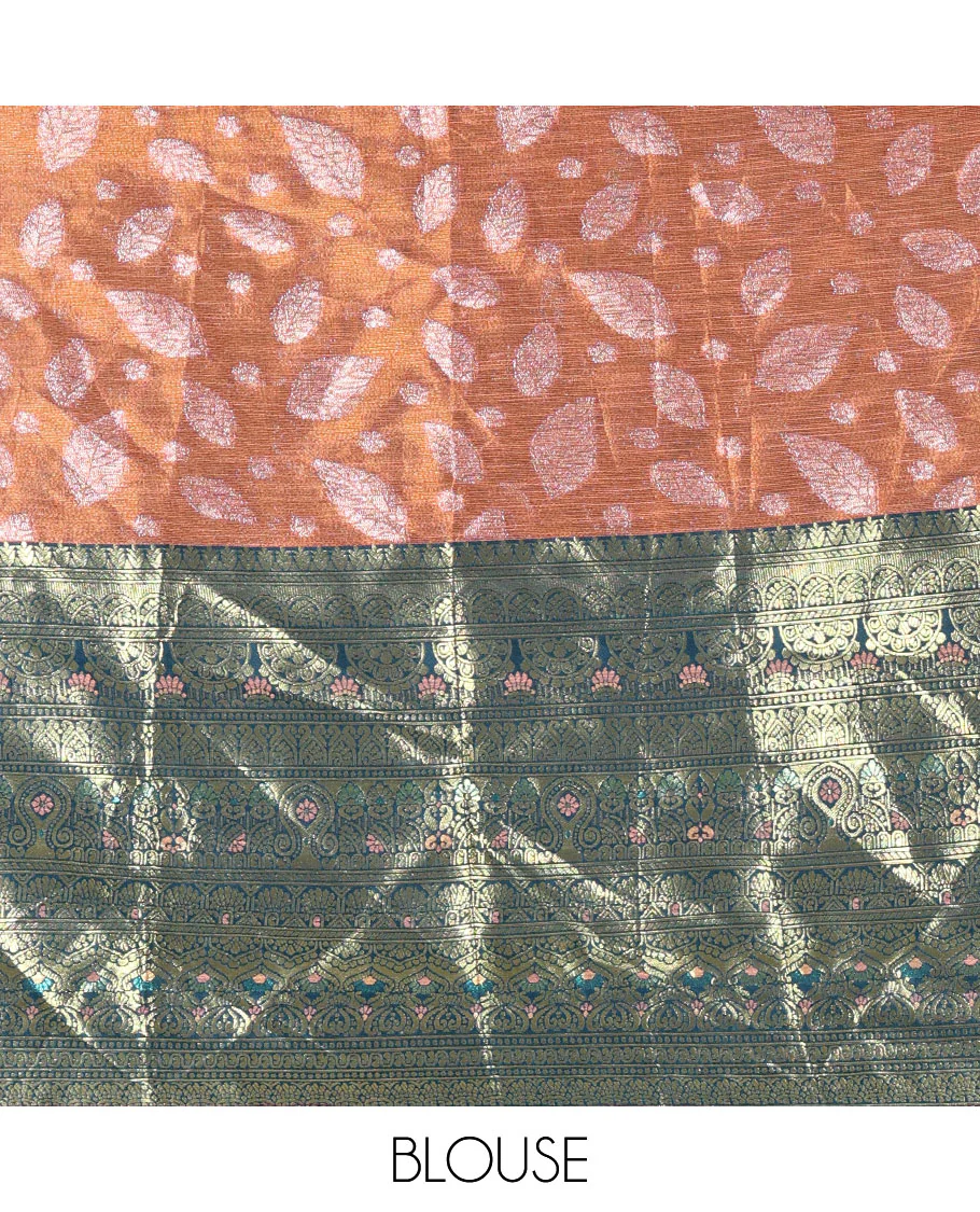 Copper and peacock color half-saree, leaf jacquard with contrast traditional bordered banarasi tissue skirt, a matching blouse, and a contrast scallop embroidered fendi organza dhavani - Image 4