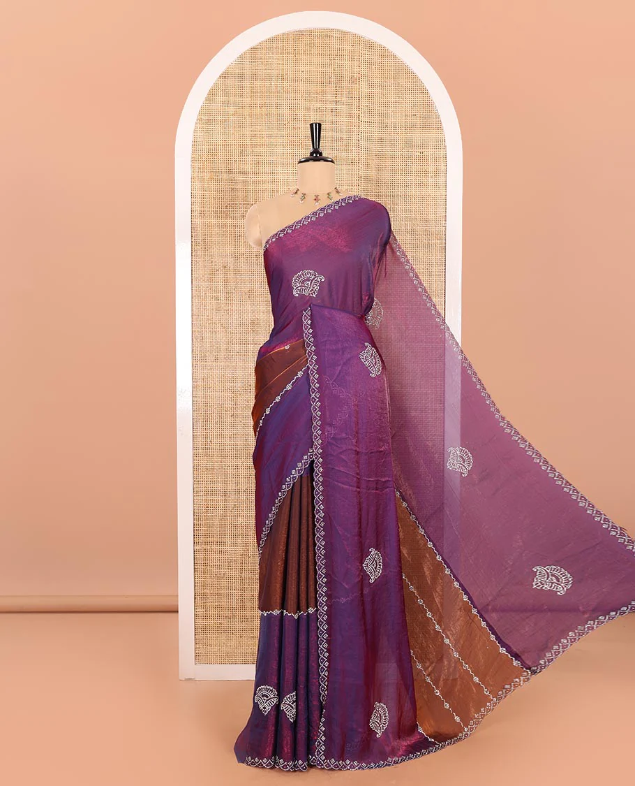 Copper Fendy Chiffon Saree Featuring Elegant Stripes and Buttas Adorned with Sparkling Swarovski Stone Work, Enhanced with a Scalloped Swarovski Stone Work Border, and Paired with a Matching Blouse Embellished with Swarovski Stone Work