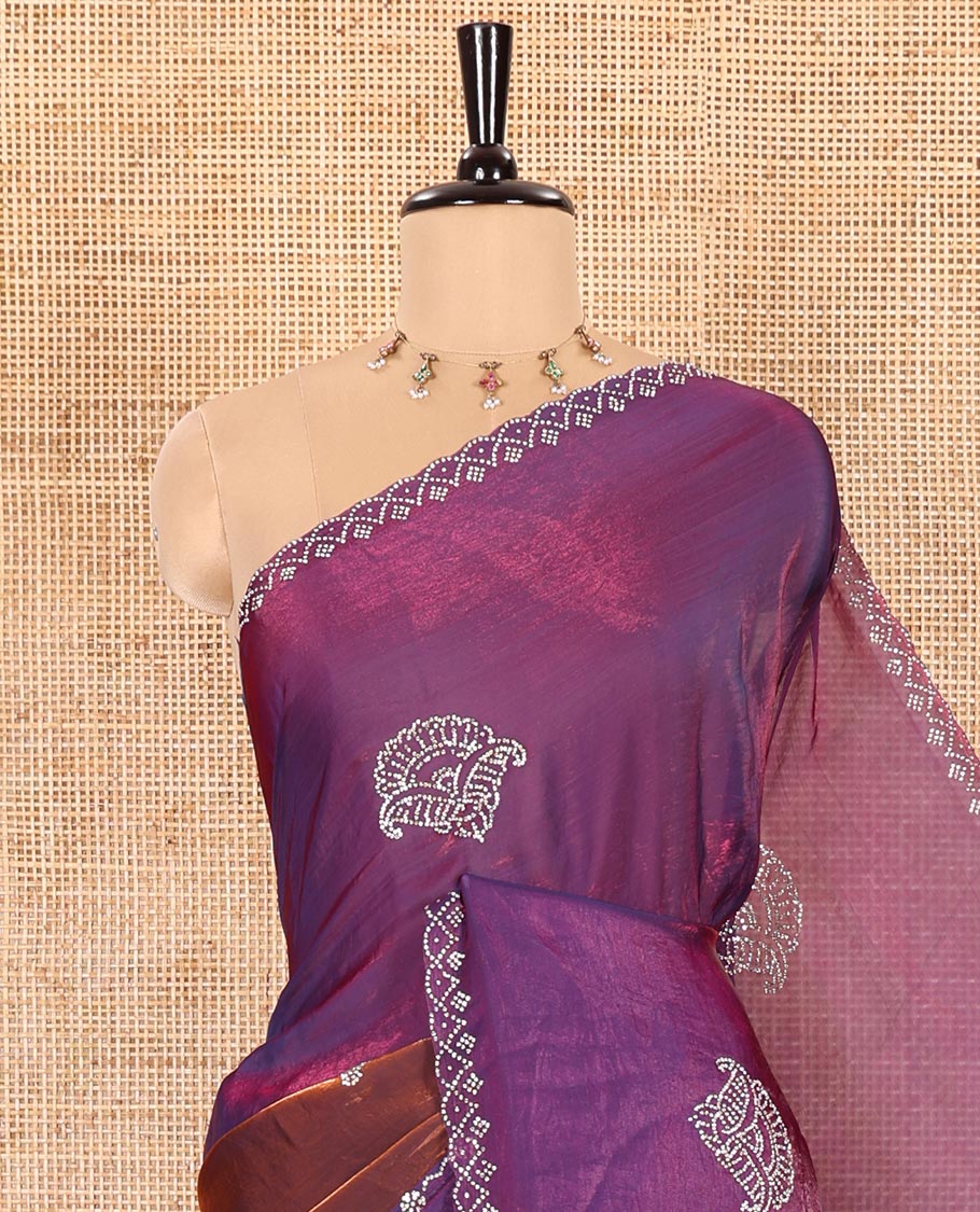Copper Fendy Chiffon Saree Featuring Elegant Stripes and Buttas Adorned with Sparkling Swarovski Stone Work, Enhanced with a Scalloped Swarovski Stone Work Border, and Paired with a Matching Blouse Embellished with Swarovski Stone Work - Image 2
