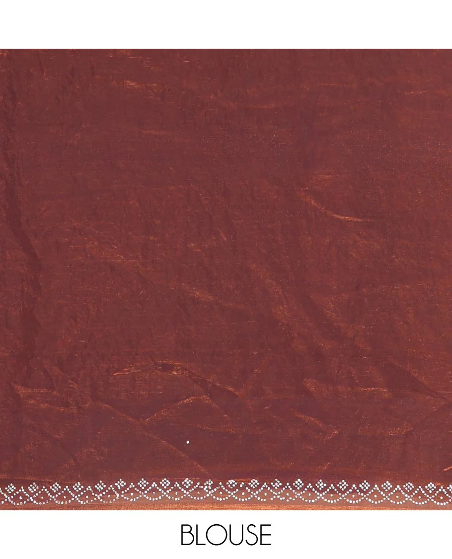 Copper Fendy Chiffon Saree Featuring Elegant Stripes and Buttas Adorned with Sparkling Swarovski Stone Work, Enhanced with a Scalloped Swarovski Stone Work Border, and Paired with a Matching Blouse Embellished with Swarovski Stone Work - Image 3