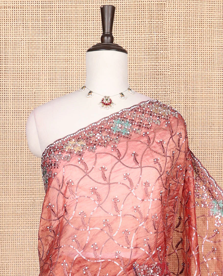 Copper floral jaal thread embroidered with stone work designer saree, scallop thread & stone embroidered border - Image 2