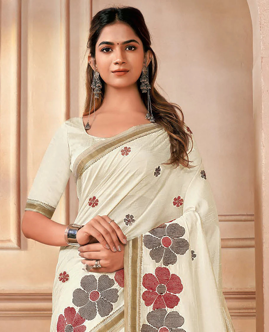 Cream 6-petal floral motifs embroidered designer saree, self-border, and pallu of stripes - Image 2