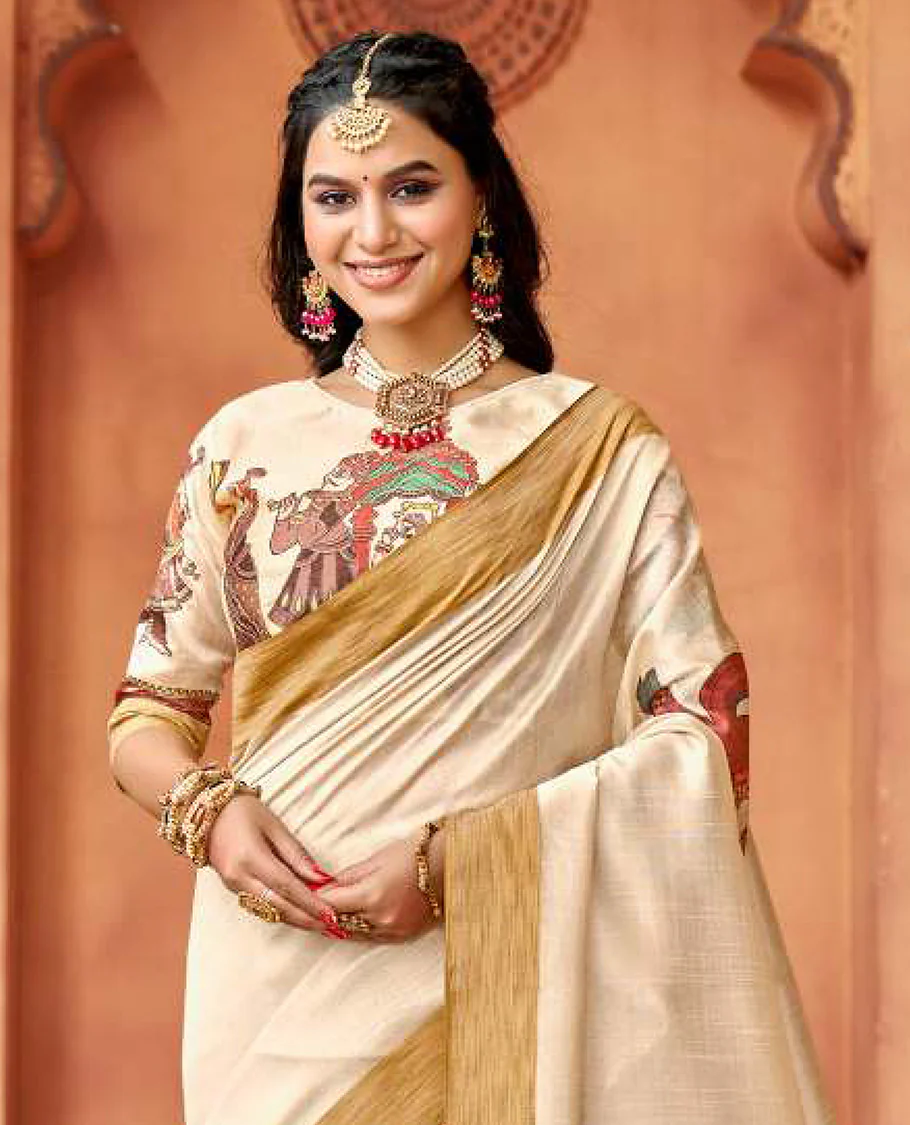Cream ancient human motifs designer catalog saree, bavanji border, and ancient human motifs pallu - Image 2