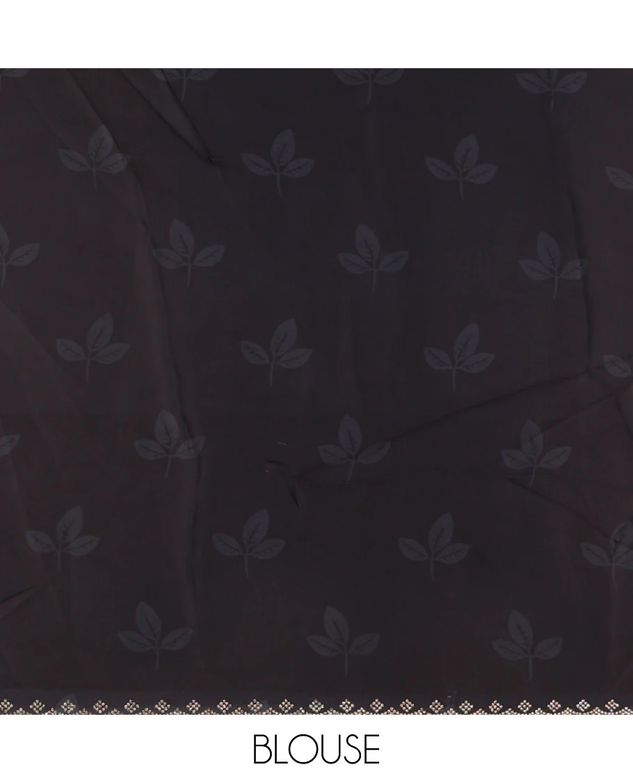Cream and black floral, butterflies and horizontal striped printed satin crepe saree, stone work scallop border, and a contrast printed stone work blouse - Image 3