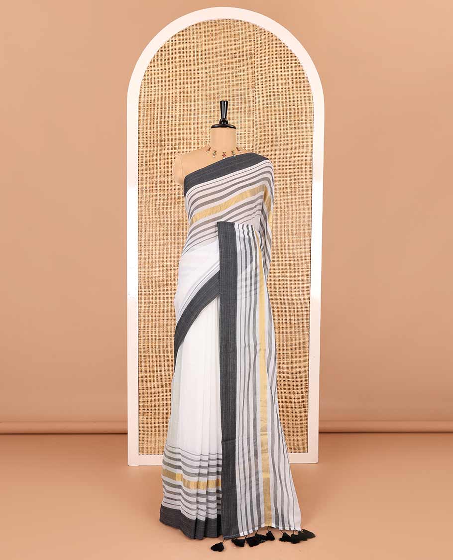 Cream and black plain khadi mul cotton saree with contrast double-sided border of horizontal stripes, striped pallu, and a matching blouse - Image 2