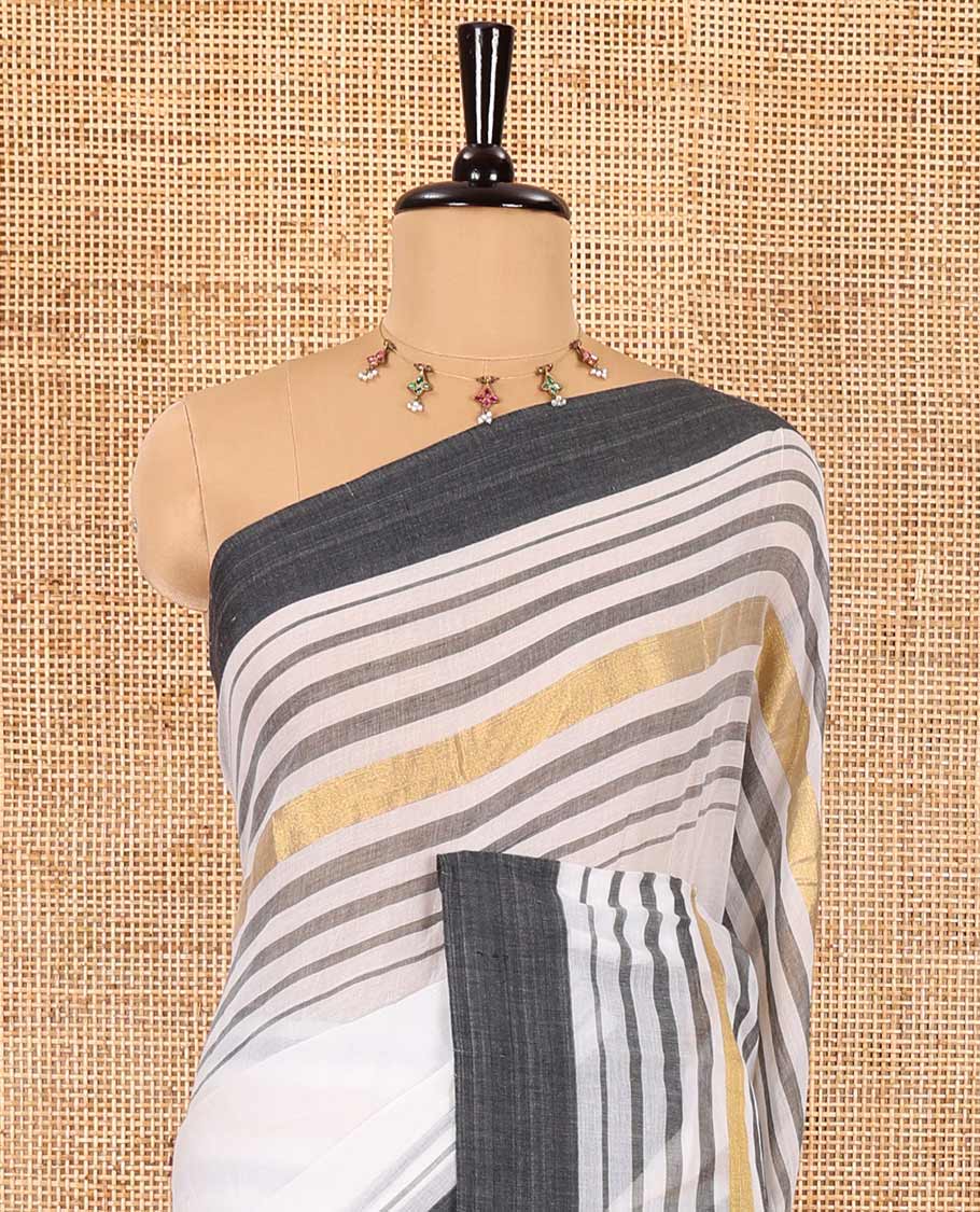 Cream and black plain khadi mul cotton saree with contrast double-sided border of horizontal stripes, striped pallu, and a matching blouse - Image 3