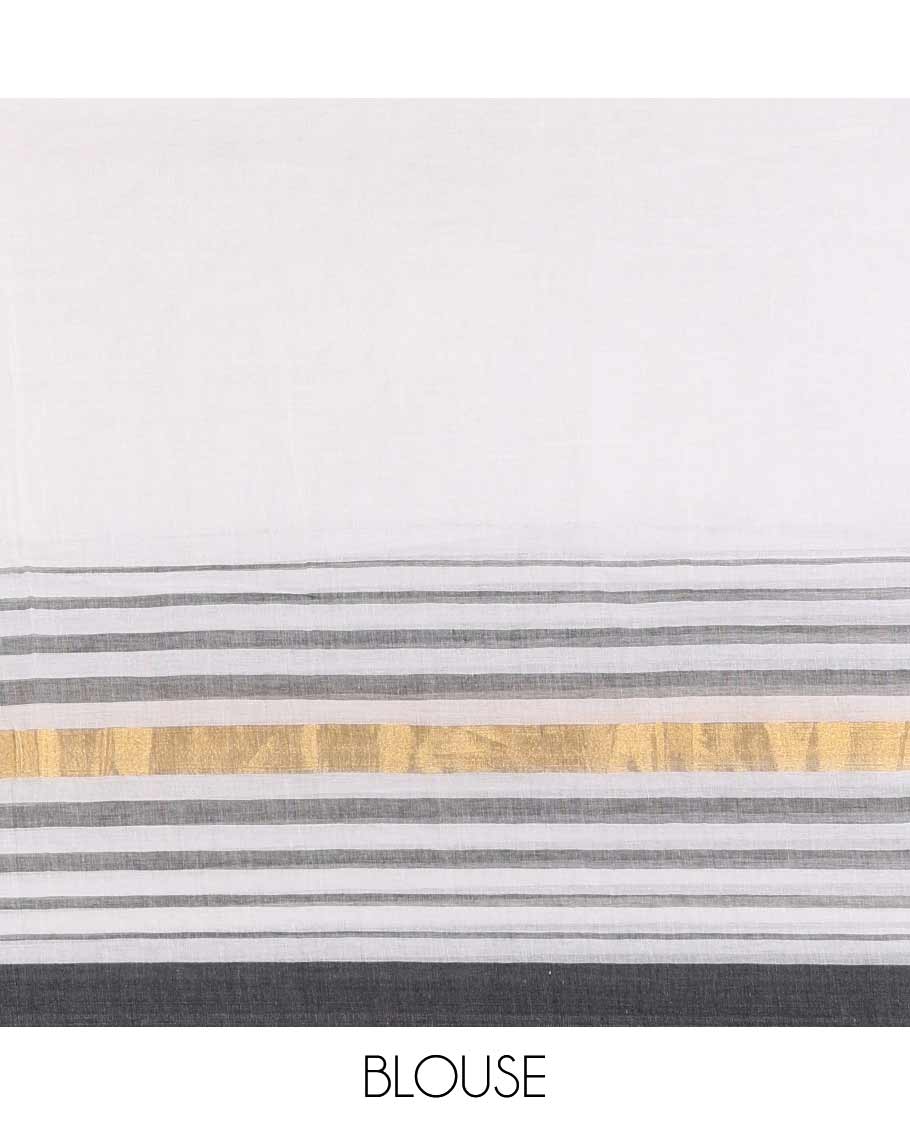 Cream and black plain khadi mul cotton saree with contrast double-sided border of horizontal stripes, striped pallu, and a matching blouse - Image 4