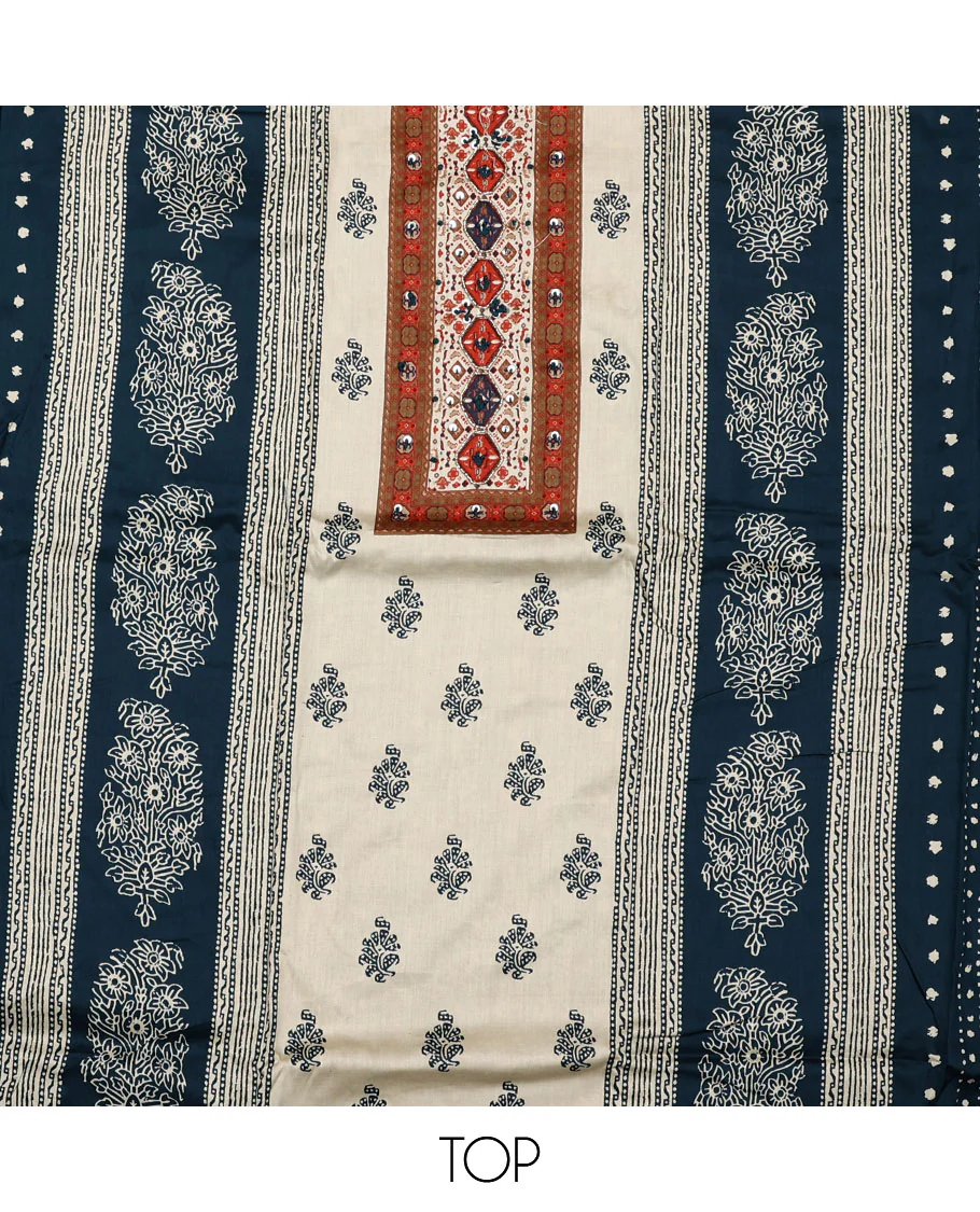 Cream and blue material chudidar set, block printed with neck work top, contrast plain bottom, and intricately block printed dupatta - Image 2