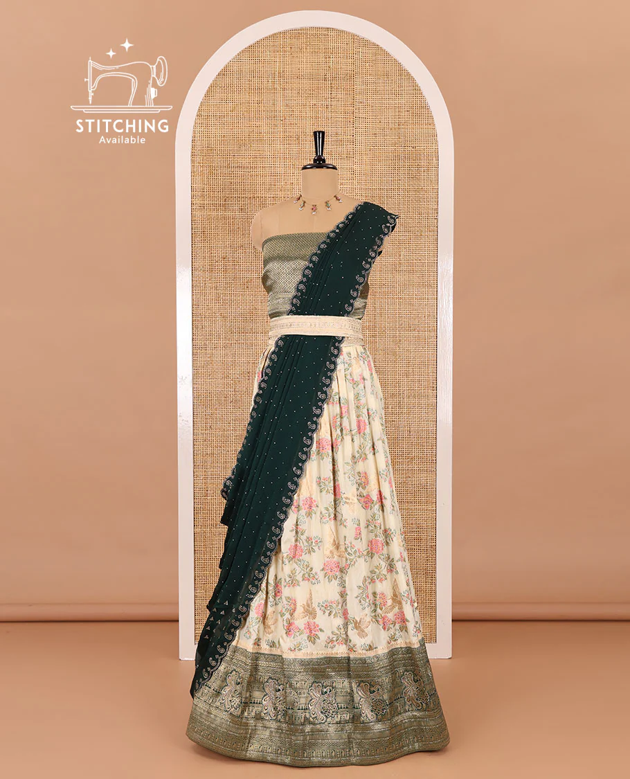 Cream and bottle green half-saree, floral and bird printed nylon viscose crepe top, contrast traditional zari and stone work border, jacquard banaras blouse, and scallop stone work dhavani - Image 3