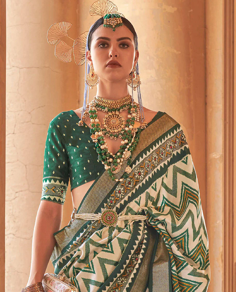 Cream and green chevron stripes printed designer saree, geometric printed border, and ikkat design pallu - Image 2