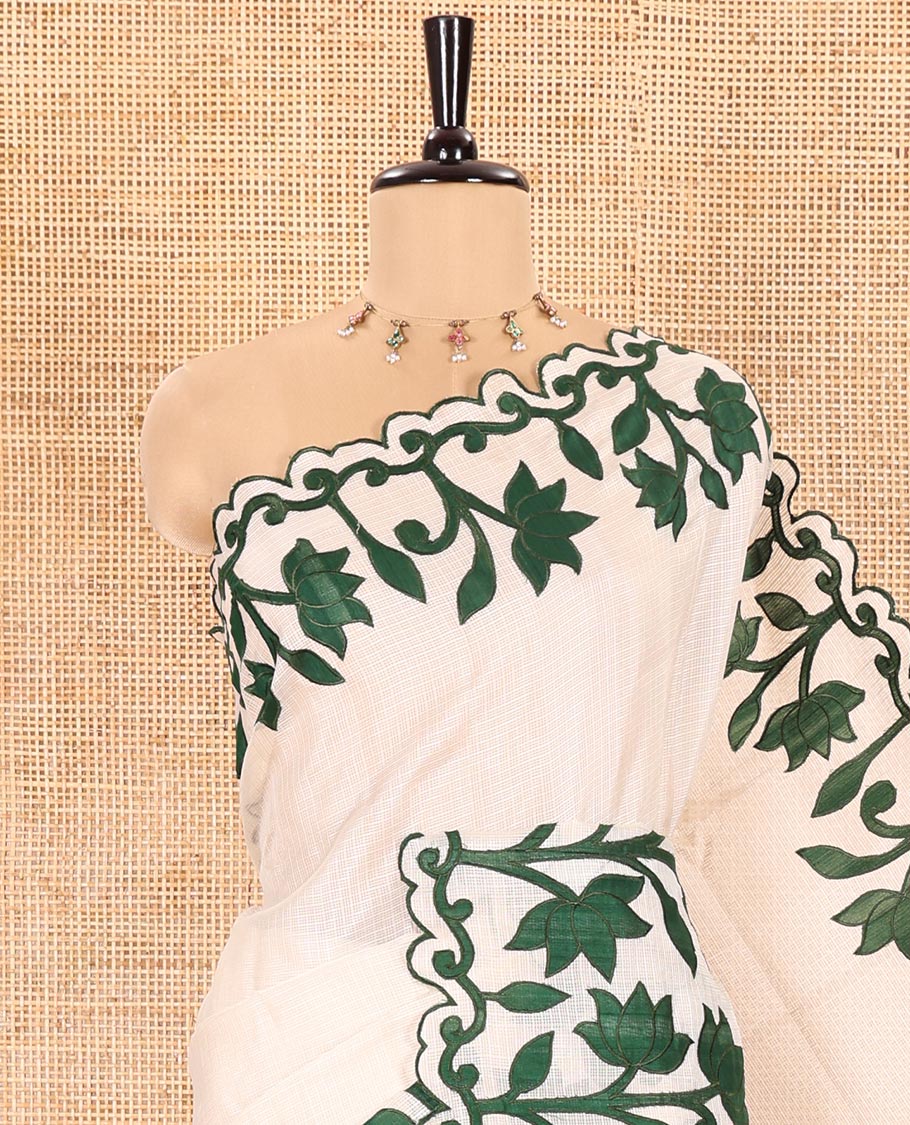 Cream and Green Plain Fancy Kota Silk Saree Highlighted with Lotus Floral Applique Embroidered Scallop Border, Lotus Motifs Applique Embroidered Pallu, and a Contrast Plain Blouse - Image 2