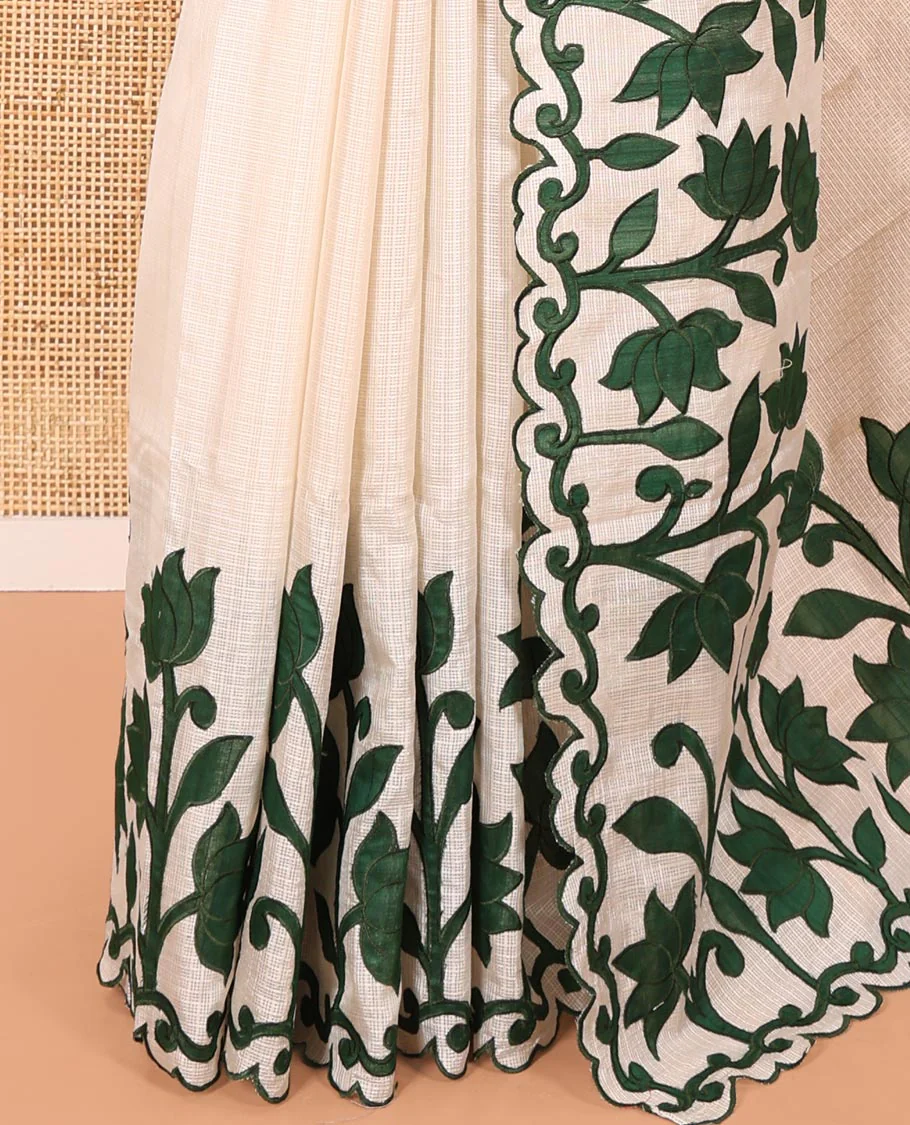 Cream and Green Plain Fancy Kota Silk Saree Highlighted with Lotus Floral Applique Embroidered Scallop Border, Lotus Motifs Applique Embroidered Pallu, and a Contrast Plain Blouse - Image 3