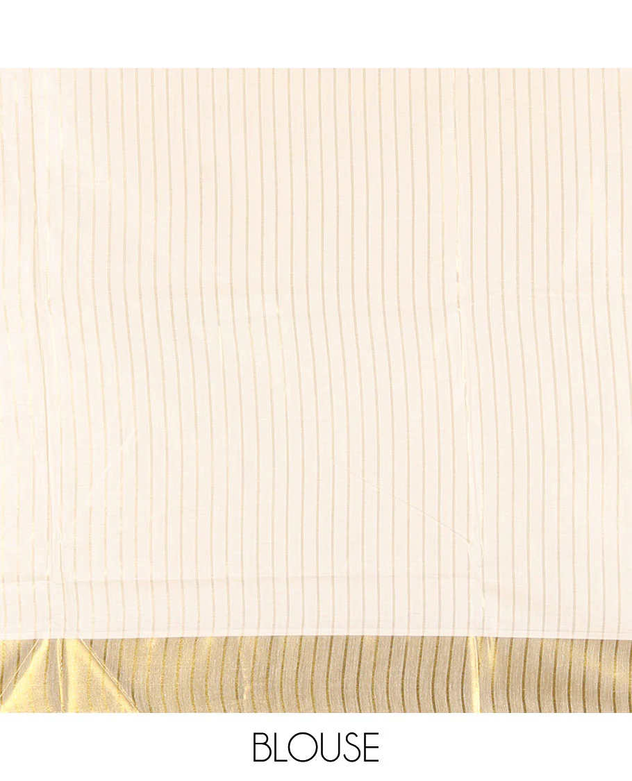 Cream and green vertically striped with handblock floral motifs printed Kerala cotton saree, zari striped border, handblock floral printed pallu, and a matching blouse - Image 4