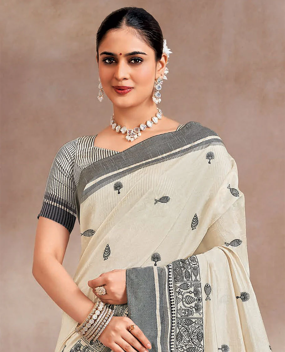 Cream and grey unique motifs embroidered designer saree, contrast border and striped pallu - Image 2