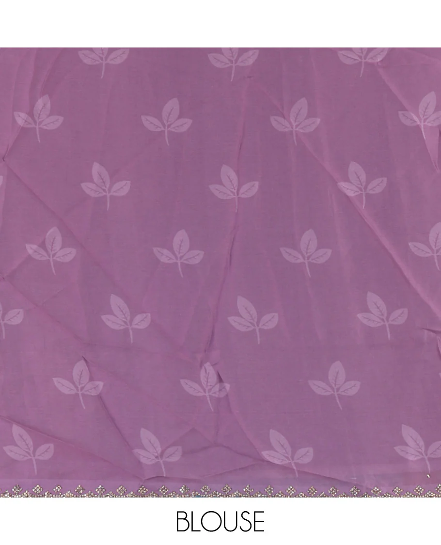 Cream and lavender floral, butterflies and horizontal striped printed satin crepe saree, stone work scallop border, and a contrast printed stone work blouse - Image 3