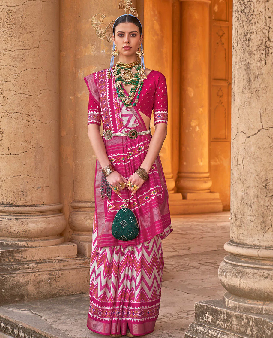 Cream and pink chevron stripes printed designer saree, geometric printed border, and ikkat design pallu