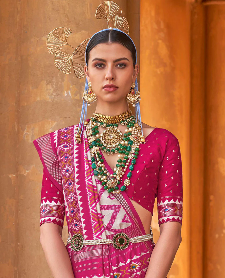 Cream and pink chevron stripes printed designer saree, geometric printed border, and ikkat design pallu - Image 2