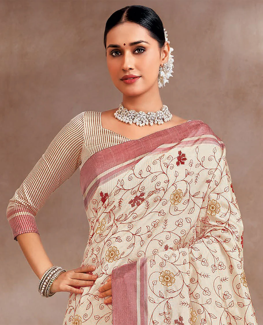 Cream and pink floral vine embroidered designer saree, contrast border, and striped pallu - Image 2
