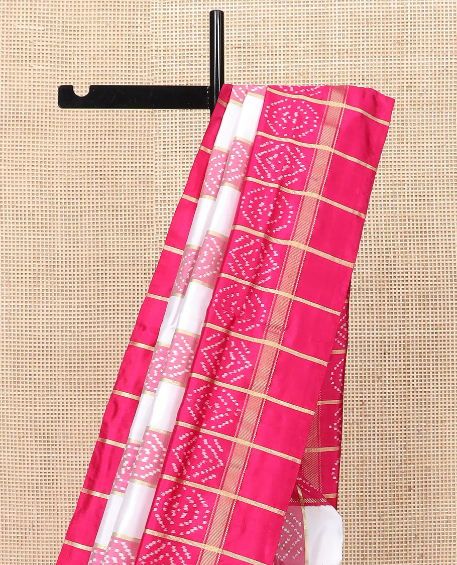 Cream and Pink Ikkat Silk Saree with Ikkat Buttas Enclosed in Checks, Complemented by a Contrast Ikkat Design Border, a Hazily Woven Pallu of Ikkat Patterns, and a Contrast Checked Blouse - Image 3