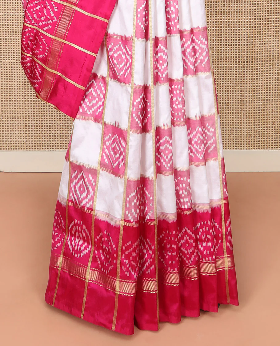 Cream and Pink Ikkat Silk Saree with Ikkat Buttas Enclosed in Checks, Complemented by a Contrast Ikkat Design Border, a Hazily Woven Pallu of Ikkat Patterns, and a Contrast Checked Blouse - Image 4