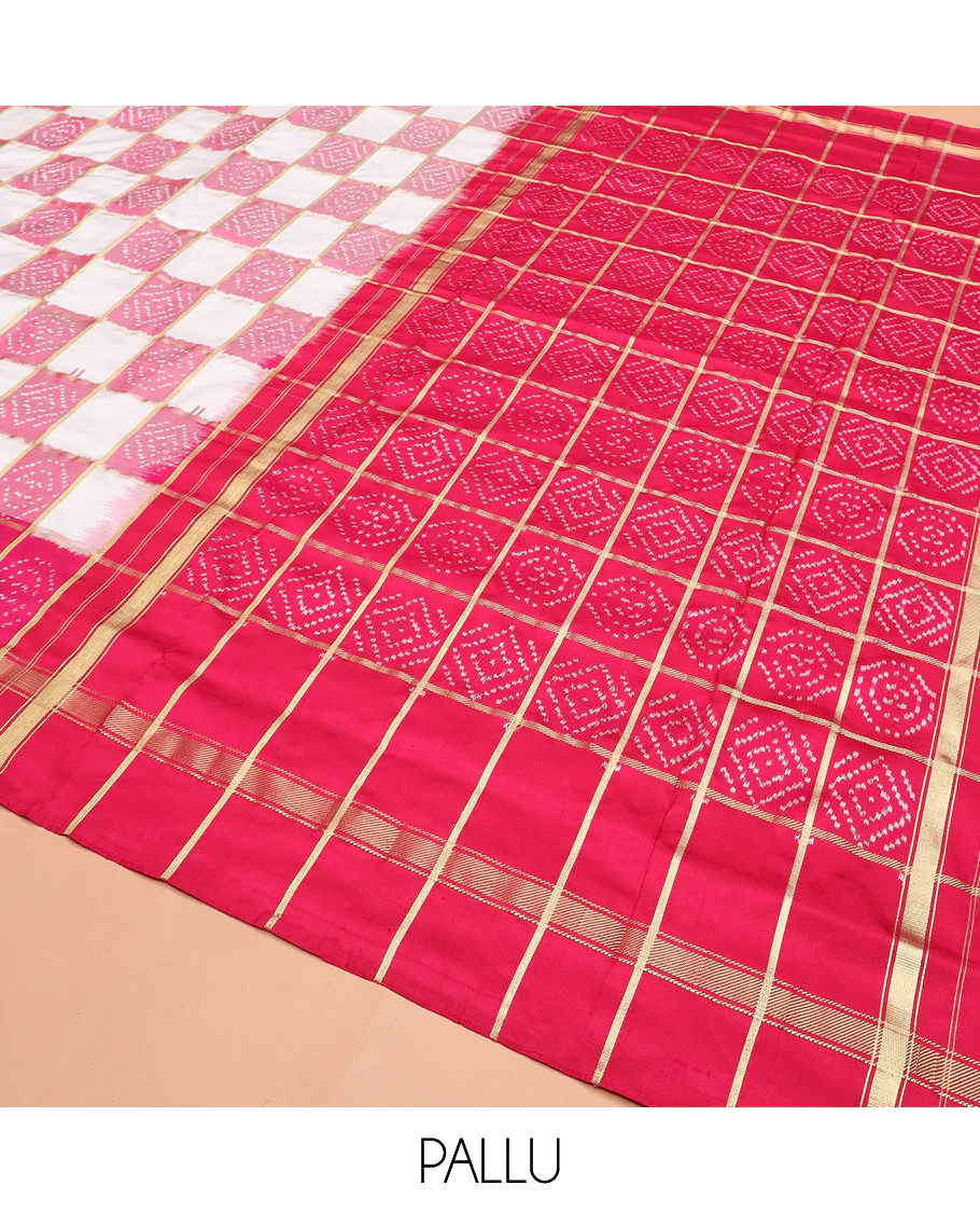 Cream and Pink Ikkat Silk Saree with Ikkat Buttas Enclosed in Checks, Complemented by a Contrast Ikkat Design Border, a Hazily Woven Pallu of Ikkat Patterns, and a Contrast Checked Blouse - Image 5