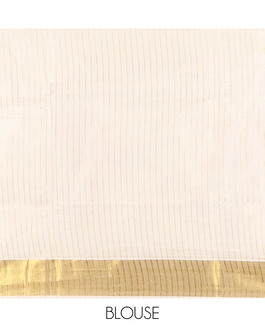 Cream and pink vertically striped with handblock floral motifs printed Kerala cotton saree, zari striped border, handblock floral printed pallu, and a matching blouse - Image 4
