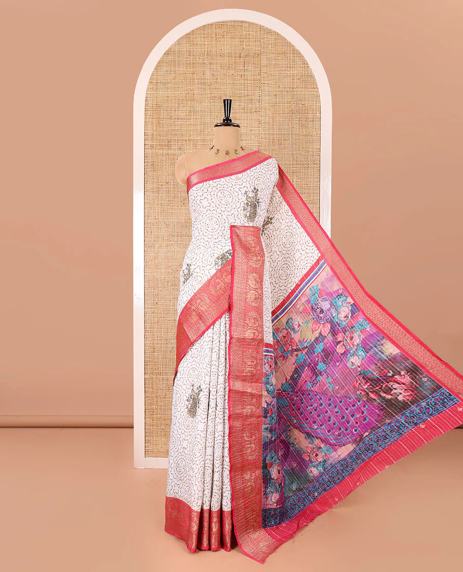 Cream and rani pink bandhani dots and peacock motifs printed dola crush saree, contrast zari peacock border, pallu of abstract peacock print, and a zari design blouse