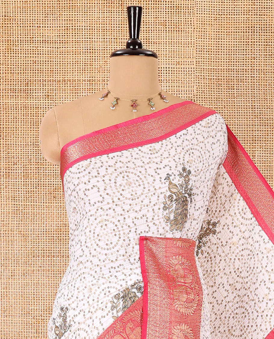 Cream and rani pink bandhani dots and peacock motifs printed dola crush saree, contrast zari peacock border, pallu of abstract peacock print, and a zari design blouse - Image 2