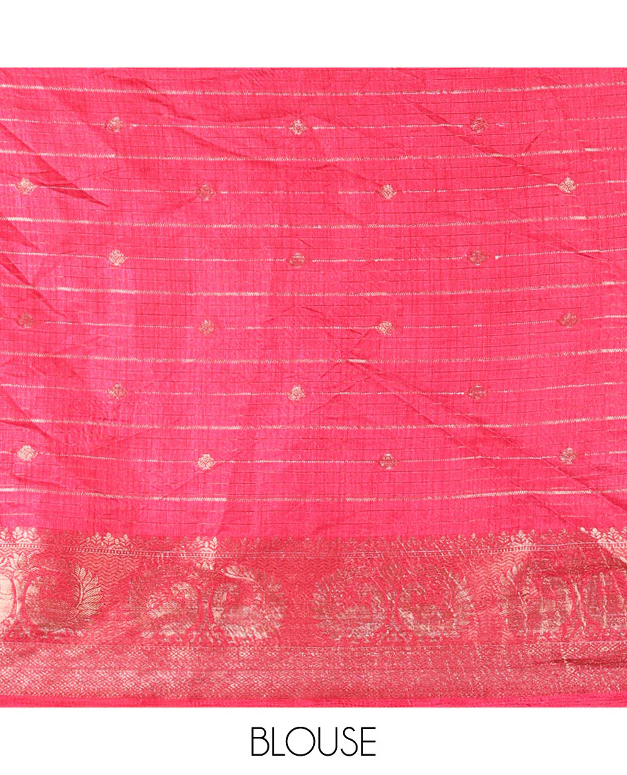 Cream and rani pink bandhani dots and peacock motifs printed dola crush saree, contrast zari peacock border, pallu of abstract peacock print, and a zari design blouse - Image 3