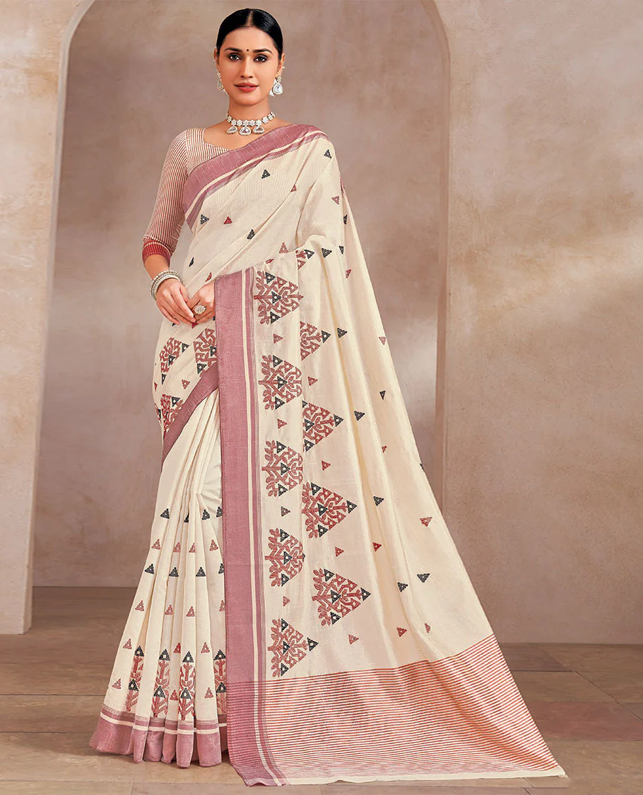 Cream and red buttas and intricate embroidered designer saree, contrast border and striped pallu