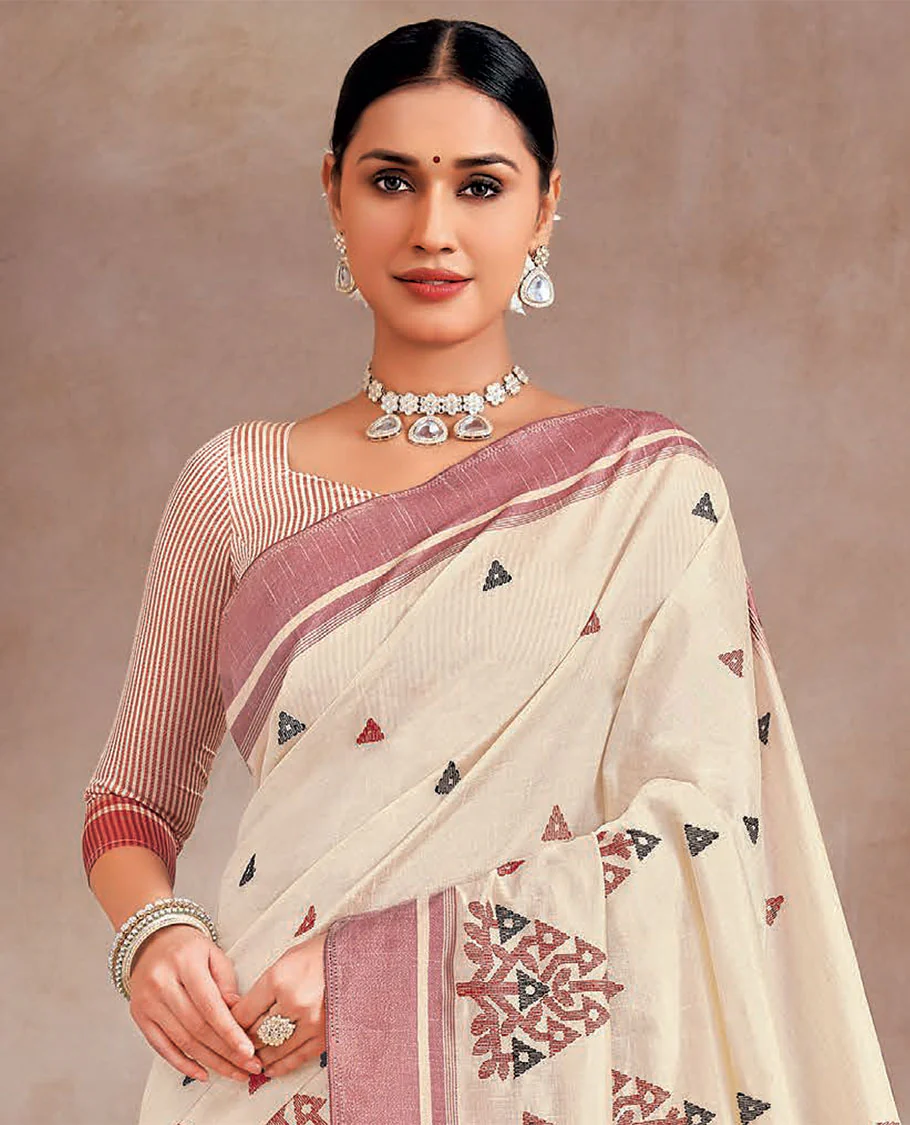 Cream and red buttas and intricate embroidered designer saree, contrast border and striped pallu - Image 2