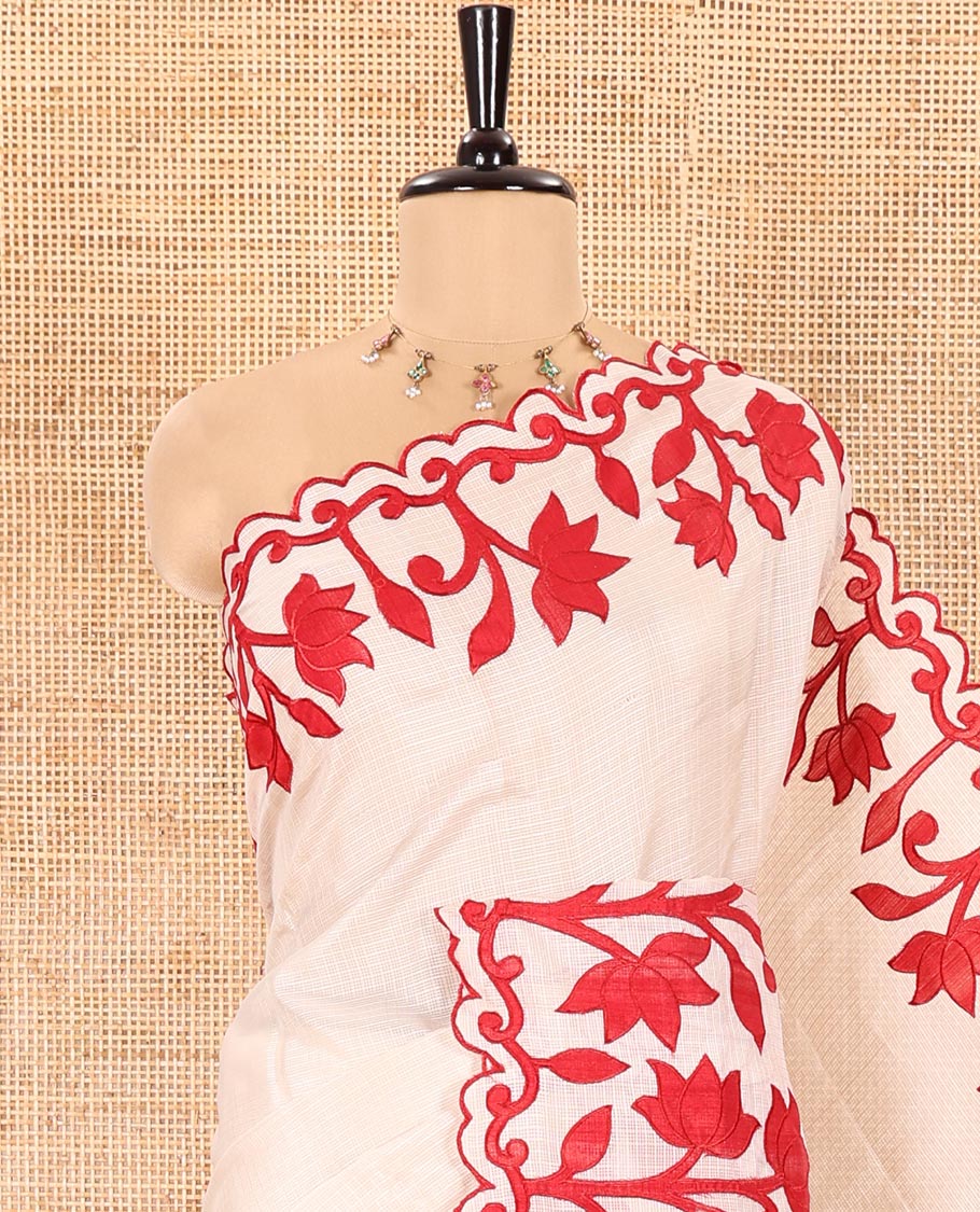 Cream and Red Plain Fancy Kota Silk Saree Simply Sparkled with Lotus Floral Applique Embroidered Scallop Border, Lotus Motifs Applique Embroidered Pallu, and a Contrast Plain Blouse - Image 2