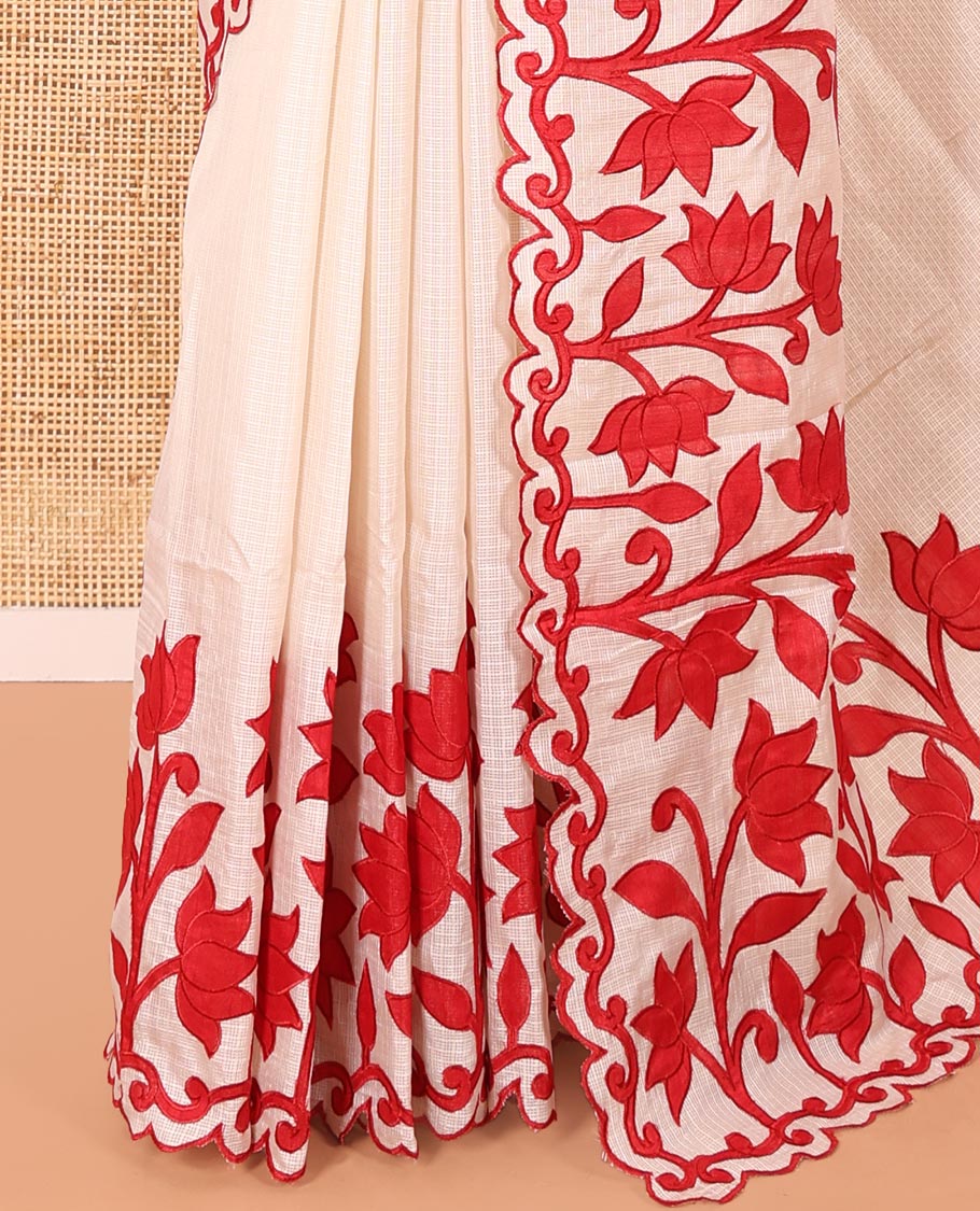 Cream and Red Plain Fancy Kota Silk Saree Simply Sparkled with Lotus Floral Applique Embroidered Scallop Border, Lotus Motifs Applique Embroidered Pallu, and a Contrast Plain Blouse - Image 3