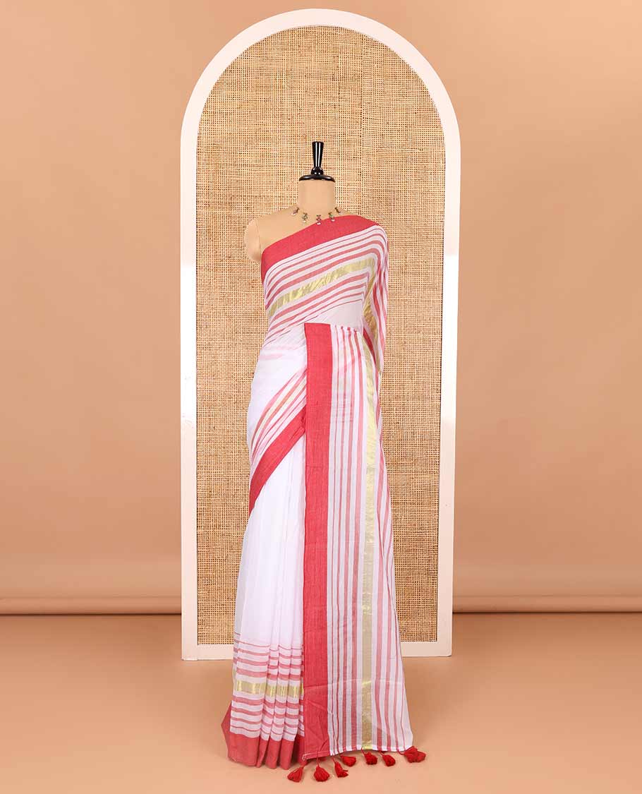 Cream and red plain khadi mul cotton saree with contrast double-sided border of horizontal stripes, striped pallu, and a matching blouse - Image 2