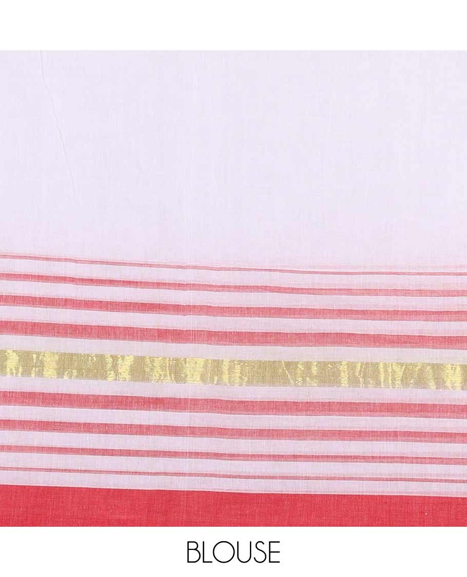 Cream and red plain khadi mul cotton saree with contrast double-sided border of horizontal stripes, striped pallu, and a matching blouse - Image 4