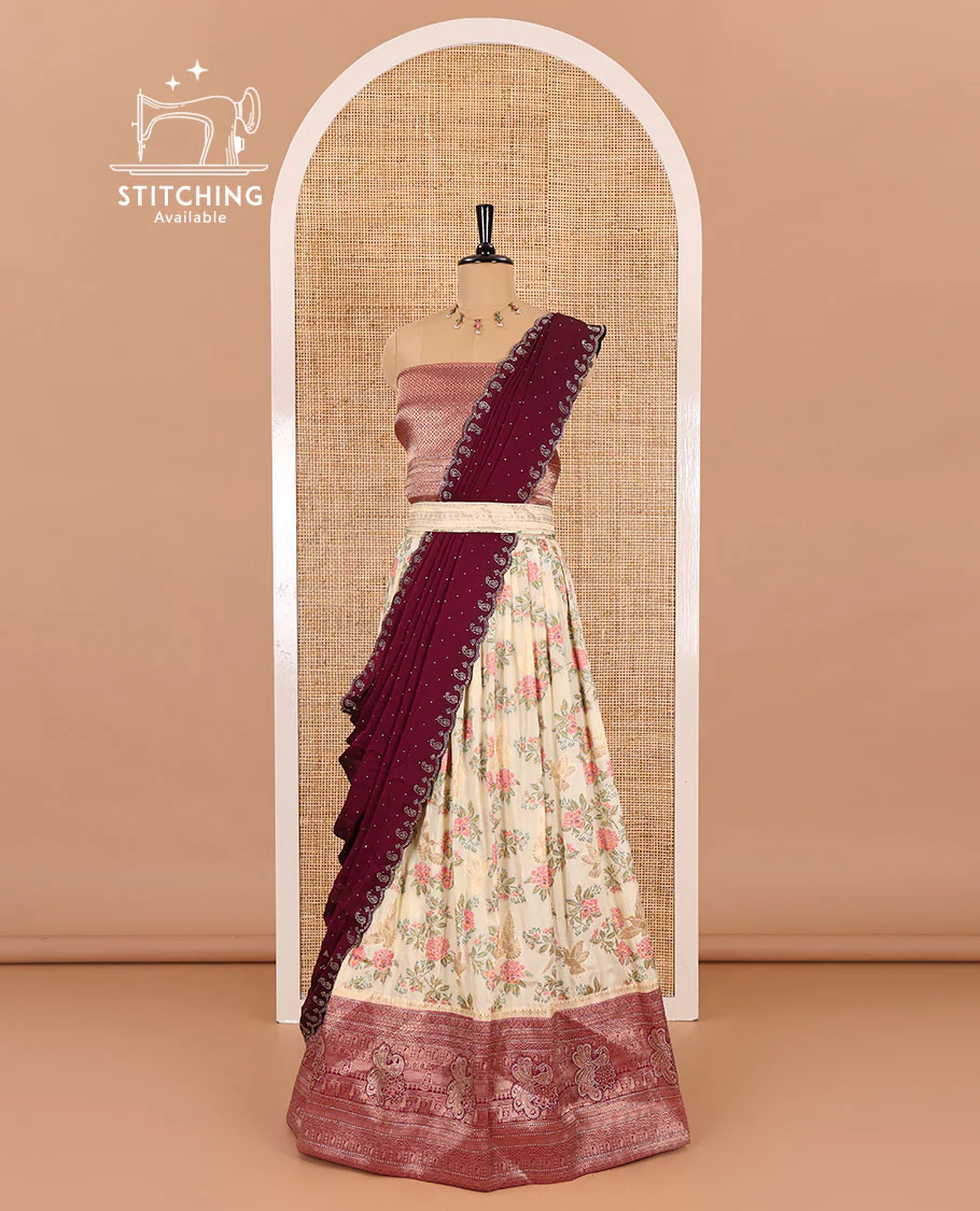 Cream and wine half-saree, floral and bird printed nylon viscose crepe top, contrast traditional zari and stone work border, jacquard banaras blouse, and scallop stone work dhavani - Image 3
