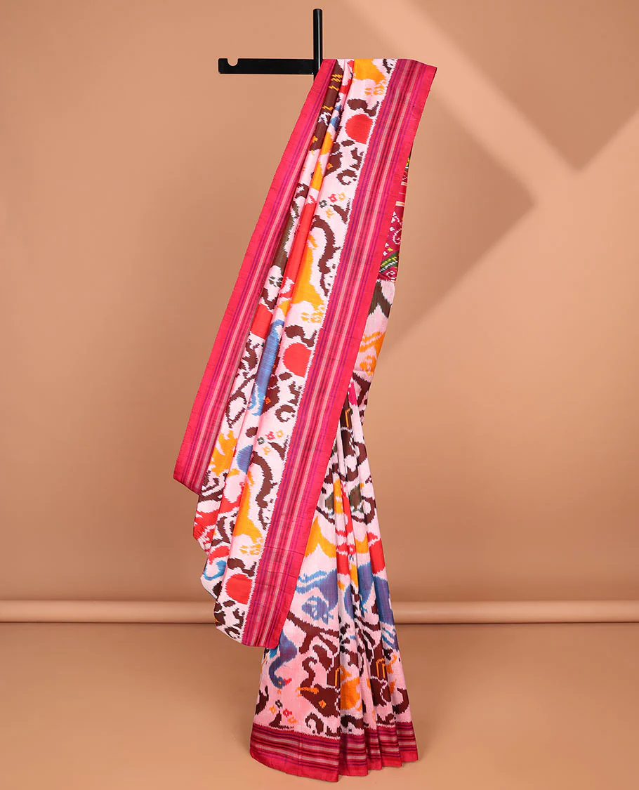 Cream animal motifs ikkat saree with contrast striped border & floral, animal deisgn pallu - Image 2