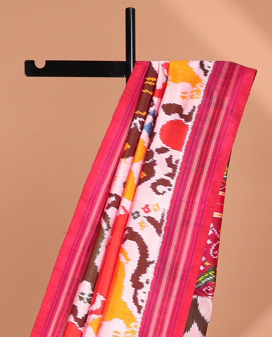 Cream animal motifs ikkat saree with contrast striped border & floral, animal deisgn pallu - Image 3
