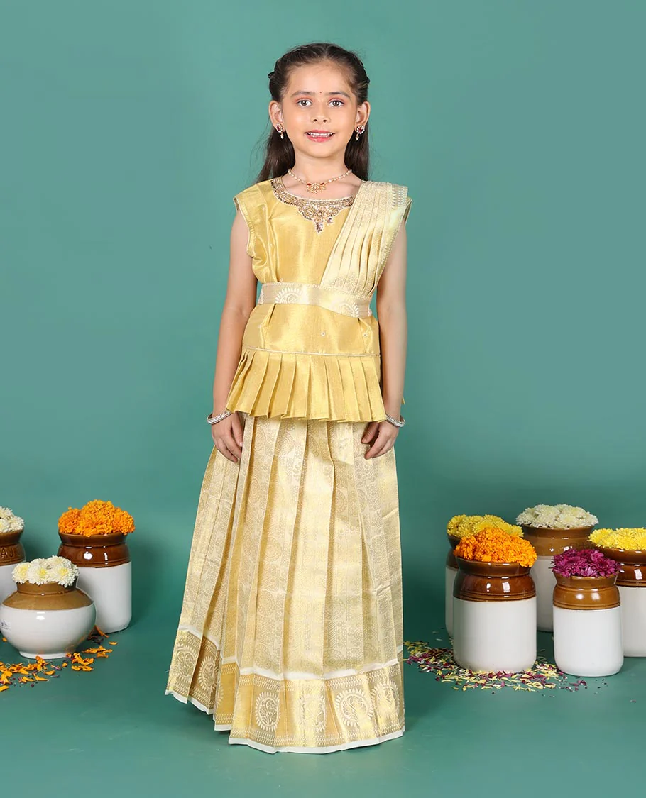 Cream art silk pavadai readymade set, golden zari chakram jacquard with traditional zari border skirt, embroidered sleeveless blouse, and detachable dupatta - Image 2