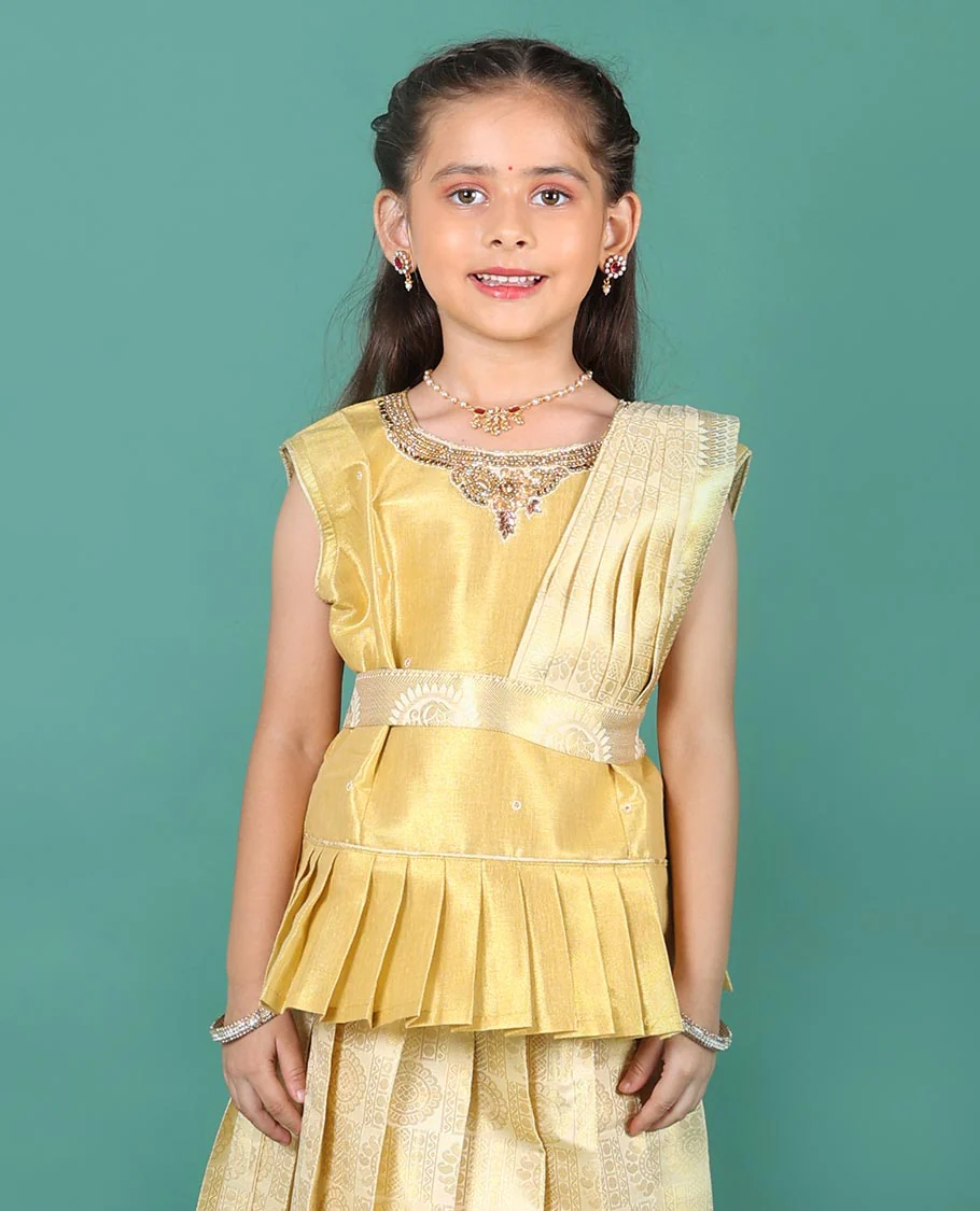 Cream art silk pavadai readymade set, golden zari chakram jacquard with traditional zari border skirt, embroidered sleeveless blouse, and detachable dupatta - Image 3