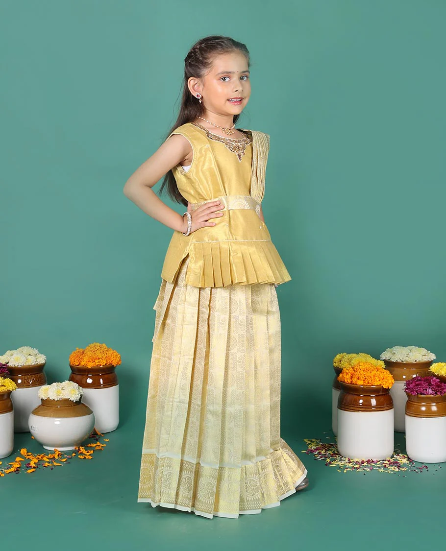 Cream art silk pavadai readymade set, golden zari chakram jacquard with traditional zari border skirt, embroidered sleeveless blouse, and detachable dupatta - Image 4