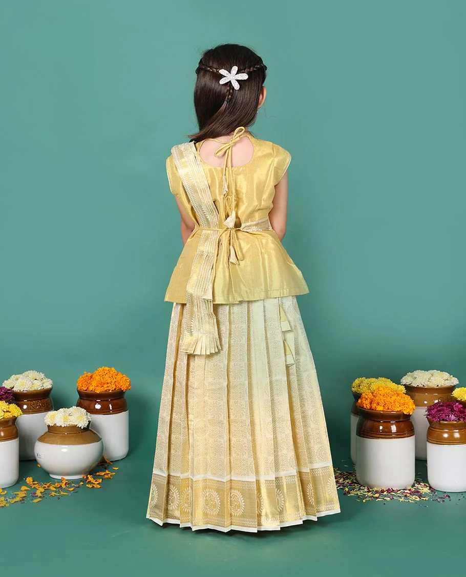 Cream art silk pavadai readymade set, golden zari chakram jacquard with traditional zari border skirt, embroidered sleeveless blouse, and detachable dupatta - Image 5